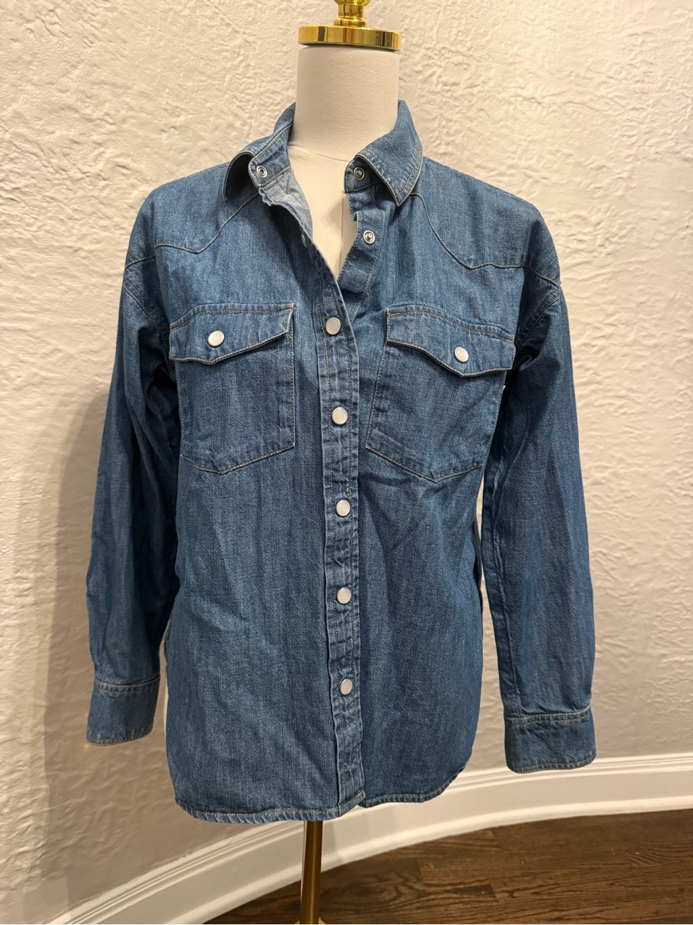 LOFT Classic Denim Button-Front Shirt Jacket in Medium Blue